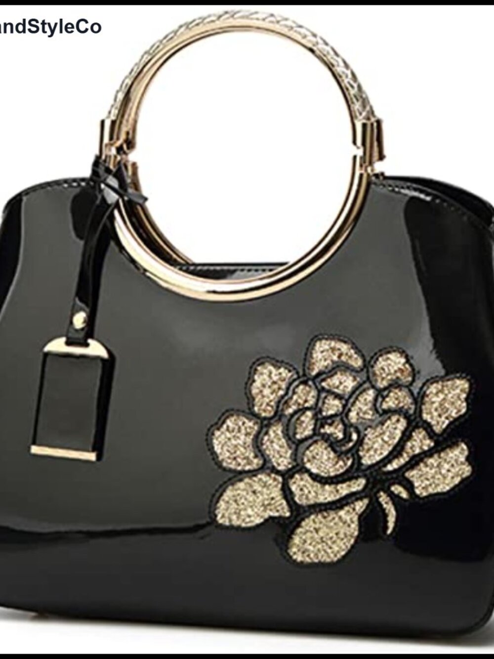 Patent Leather Floral Satchel Structured Shoulder Bag Gold Tone Hardware